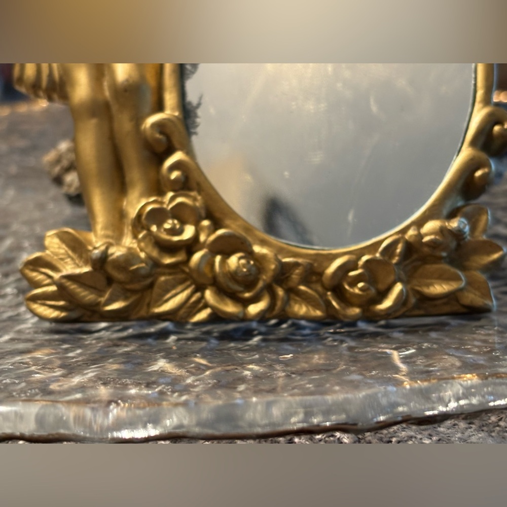 Vintage Gold Cherub Mirror w/ Roses • Romantic Angel Vanity Décor • Collectible - Picture 6 of 14